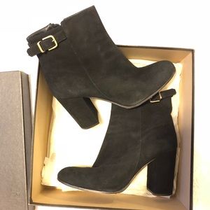 J.Crew suede heeled boot with gold buckle